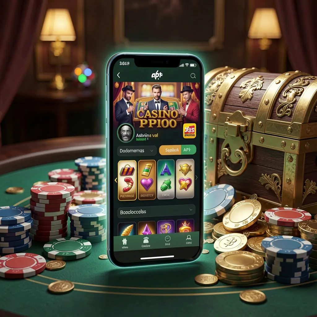 Glowing smartphone displaying BK688 Casino APK with Android-style app layout, surrounded by a treasure chest, chips, and coins in a luxury 3D render