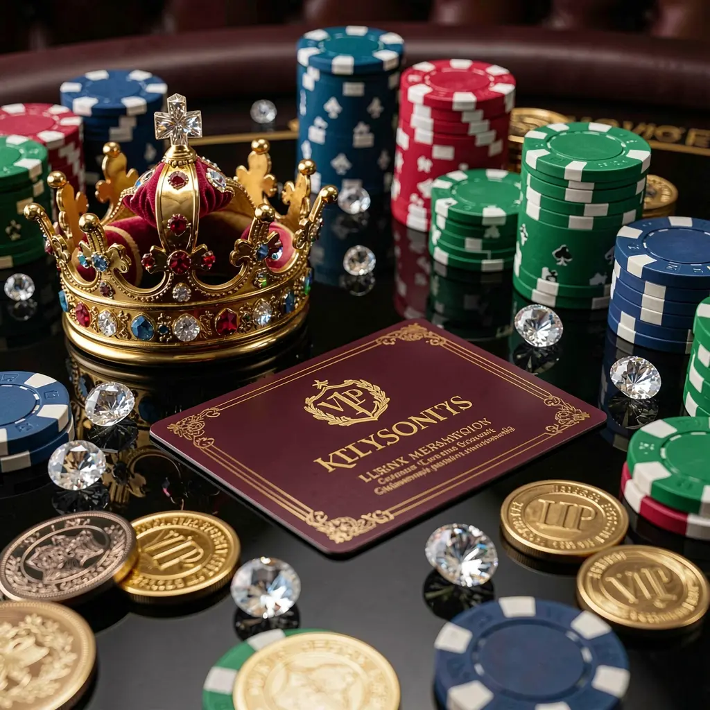 BK688 VIP casino bonus concept featuring a golden crown, luxury membership card, poker chips, diamonds, and coins arranged on a glossy black table in an elegant premium style