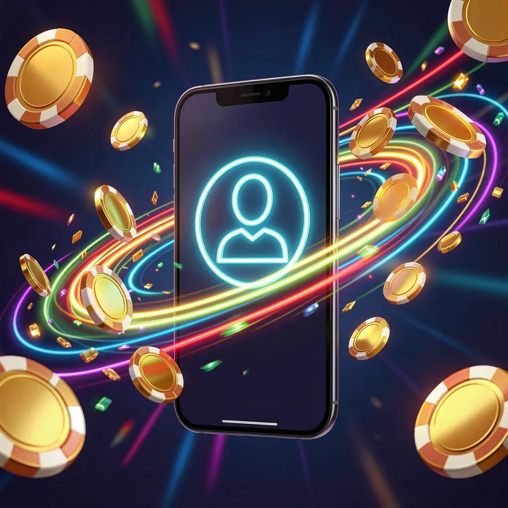 BK688 fast casino login banner featuring a smartphone with a bright user icon surrounded by speed light trails, golden coins, and chips flying around in a modern neon casino style