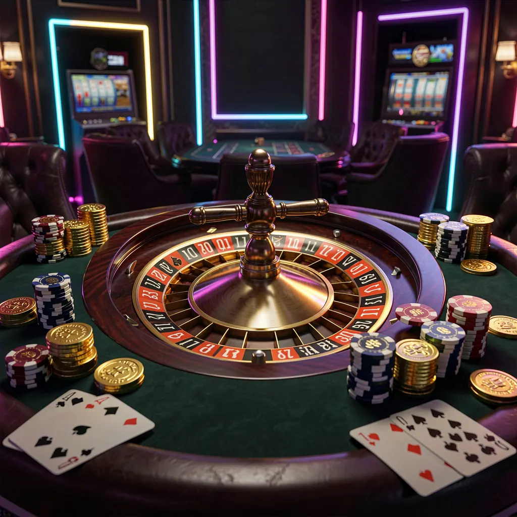 Luxury casino table with roulette wheel, poker chips, playing cards, and golden coins on a dark premium background with neon glow, showcasing BK688 online casino's homepage hero banner in a cinematic 3D render