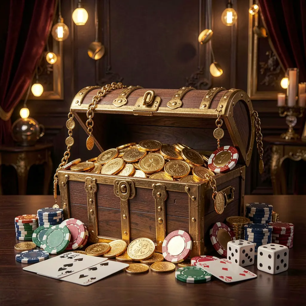 BK688 online casino welcome banner featuring a treasure chest filled with golden coins and casino chips, playing cards and dice nearby against a dark luxury background creating a festive premium atmosphere